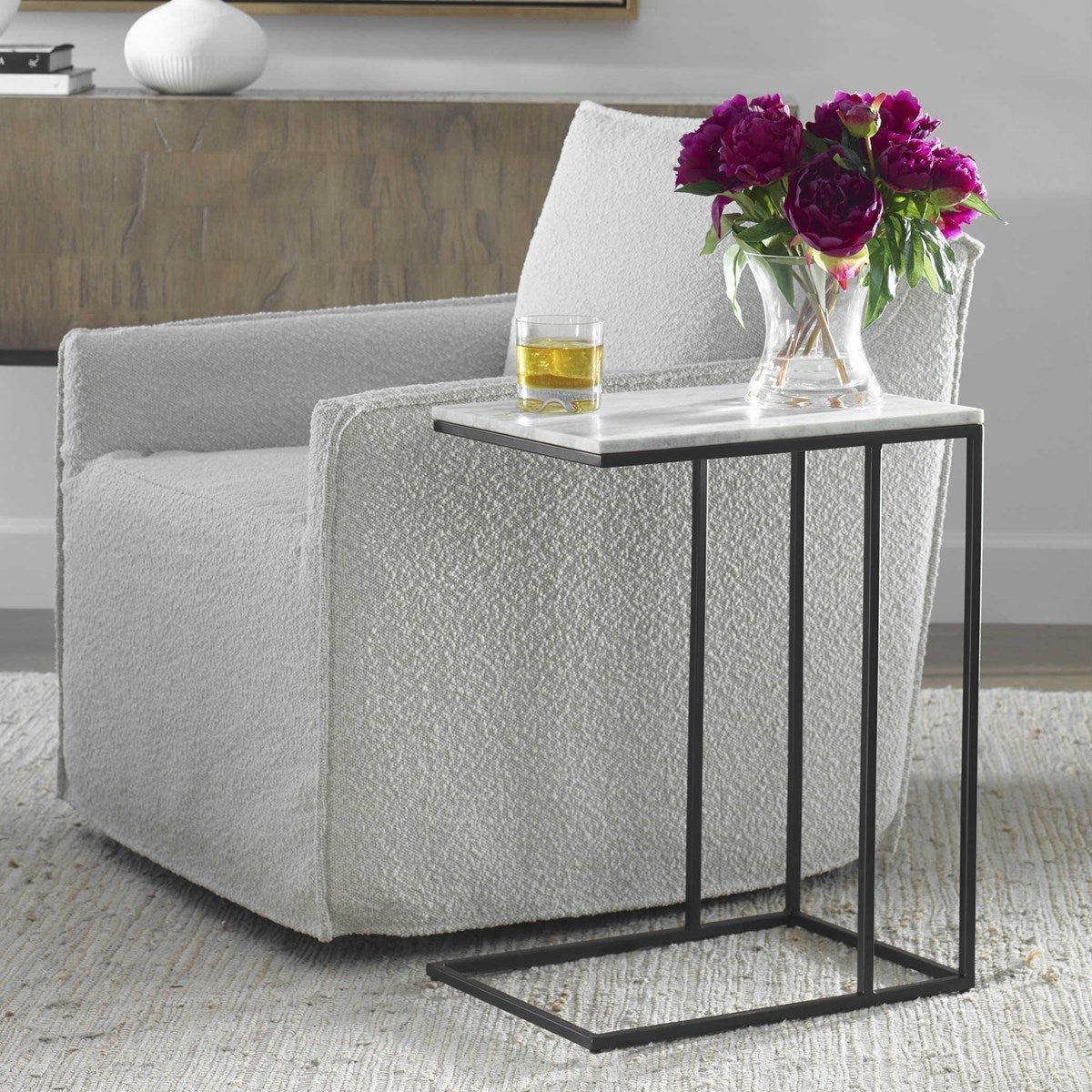 Casa Bella Living White Marble Top With Matte Black Metal Base Accent Side Table - Image 3