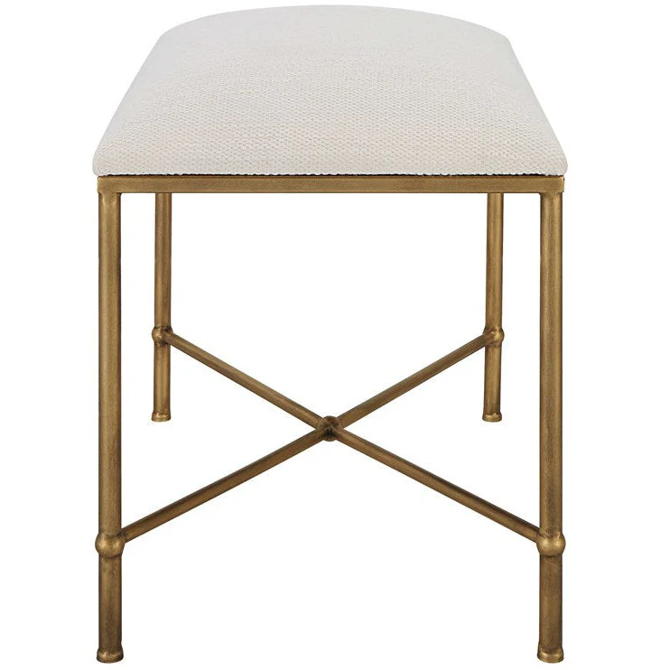 Uttermost Avenham Textured White Fabric Cushion Seat Gold Iron Small Bench - Image 4