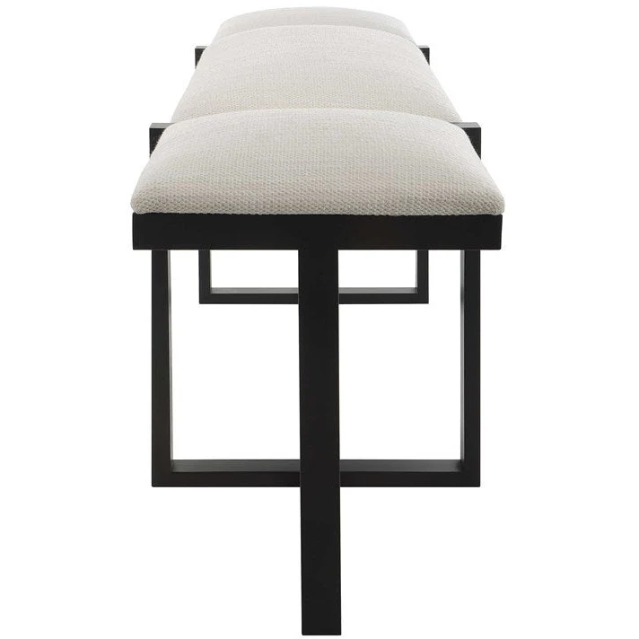 Uttermost Triple Cloud Textured White Performance Fabric Upholstered Seat Black Iron Bench - Image 6
