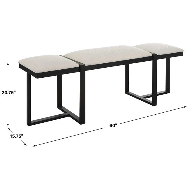 Uttermost Triple Cloud Textured White Performance Fabric Upholstered Seat Black Iron Bench - Image 7