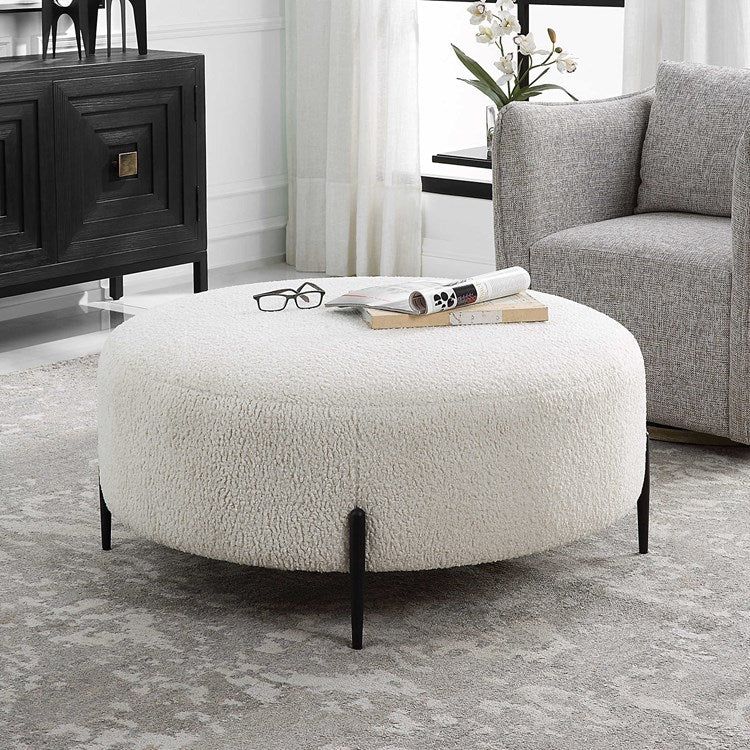 Uttermost Arles White Faux Shearling Large Round Ottoman - Image 3