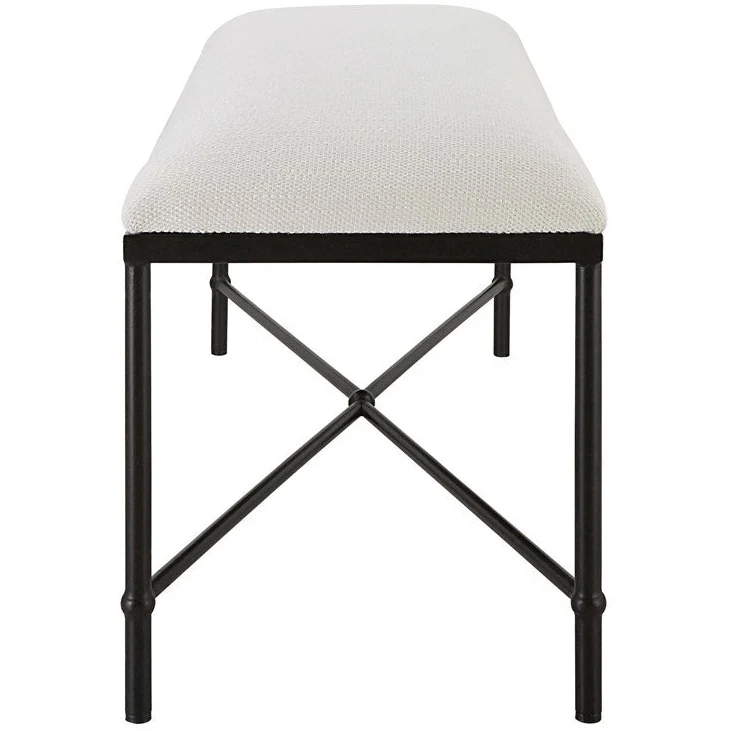 Uttermost Avenham White Textured Fabric Cushion Seat Modern Black Iron Bench - Image 5