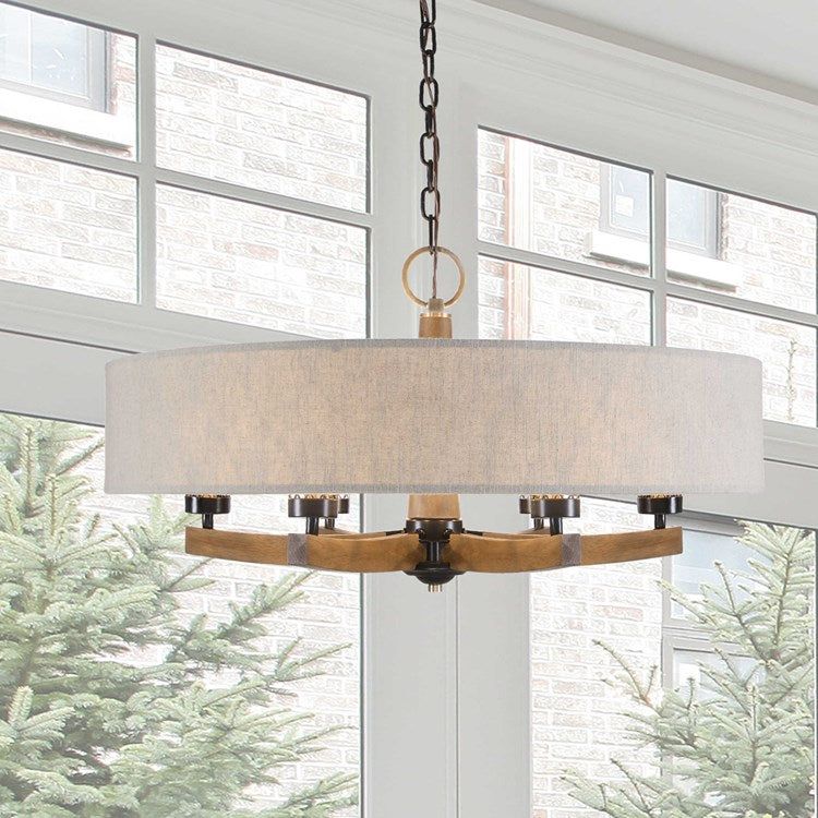 Uttermost Woodall Oatmeal Linen Shade with Curved Wood 6 Light Chandelier - Image 3