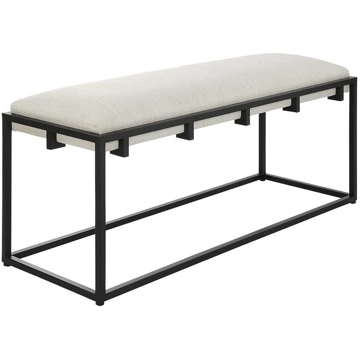 Uttermost Paradox Textured White Fabric Cushion Seat Matte Black Iron Bench - Image 4