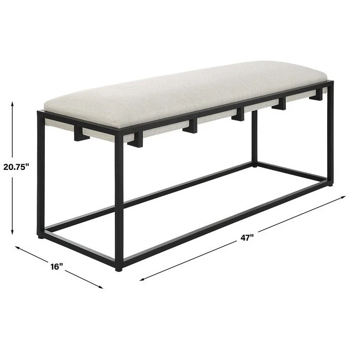 Uttermost Paradox Textured White Fabric Cushion Seat Matte Black Iron Bench - Image 7