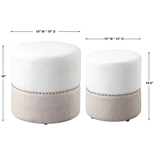 Uttermost Tilda Creamy White & Oatmeal Linen Set of 2 Round Ottomans - Image 5