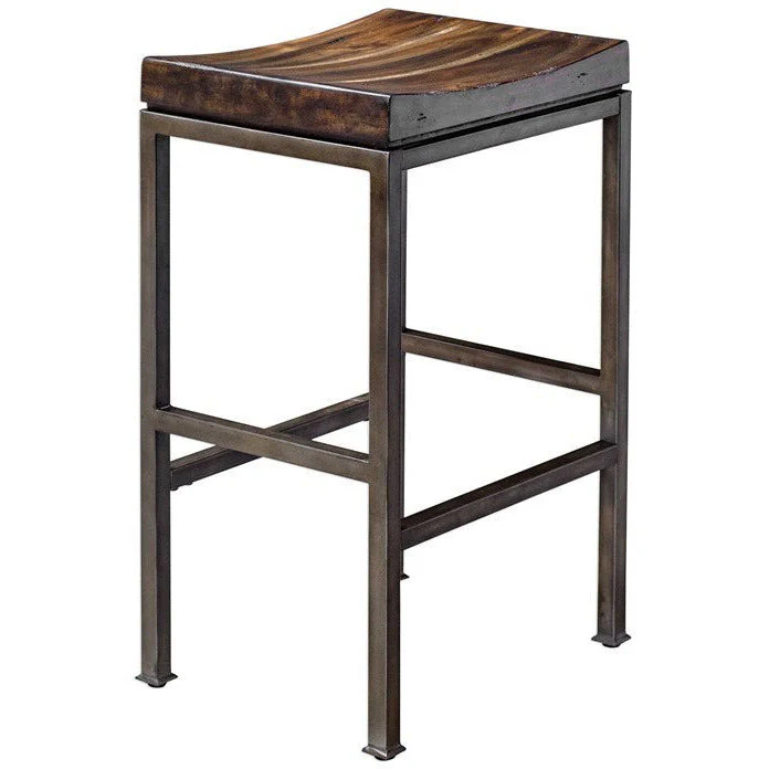 Uttermost Beck Dark Walnut Wood Bar Stool With Industrial Iron Base - Image 4