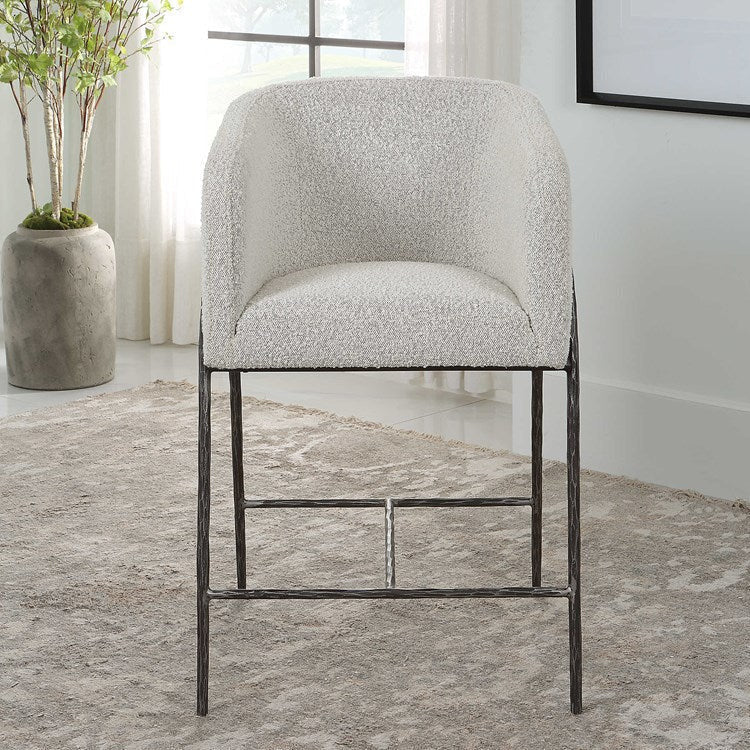Uttermost Jacobsen Ivory & Gray Boucle Performance Fabric Counter Stool With Aged Black Finish Iron Base - Image 5