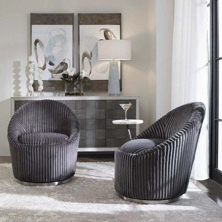 Uttermost Crue Luxurious Fluted Gunmetal Chenille Swivel Chair - Image 4