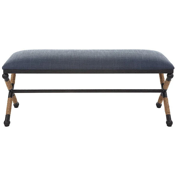 Uttermost Firth Navy Blue Fabric Cushion Seat Rustic Iron Bench - Image 3