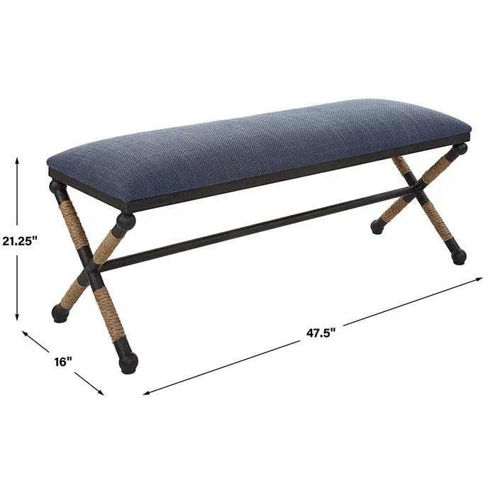 Uttermost Firth Navy Blue Fabric Cushion Seat Rustic Iron Bench - Image 9