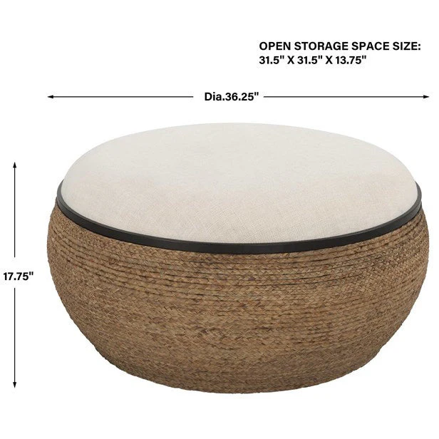 Uttermost Island Beige Performance Fabric Coastal Style Round Ottoman - Image 5