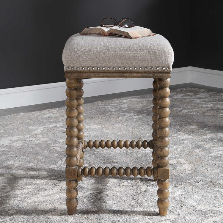 Uttermost Pryce Ivory Linen Performance Fabric Counter Stool With Wood Spindle Legs - Image 3