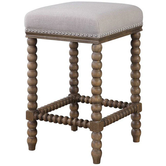 Uttermost Pryce Ivory Linen Performance Fabric Counter Stool With Wood Spindle Legs - Image 4