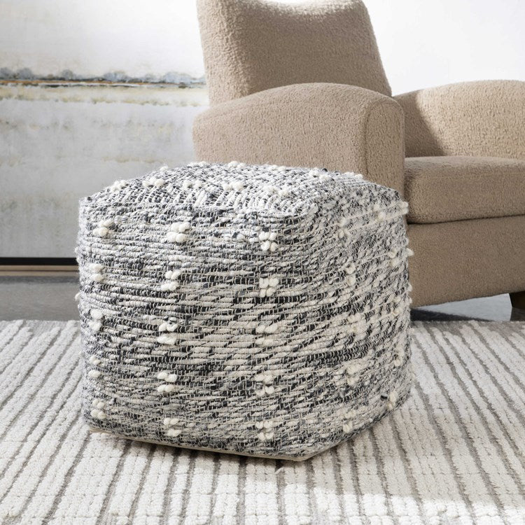 Uttermost Narol Charcoal & Black Textured Wool Pouf Ottoman - Image 3
