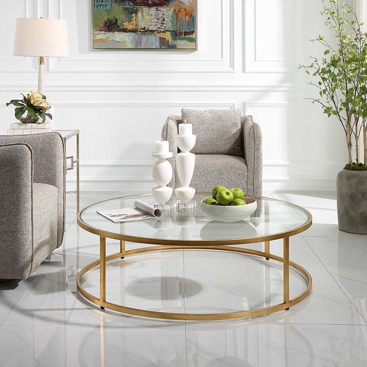 Uttermost Radius Glass Top with Antiqued Gold Iron Round Coffee Table - Image 4