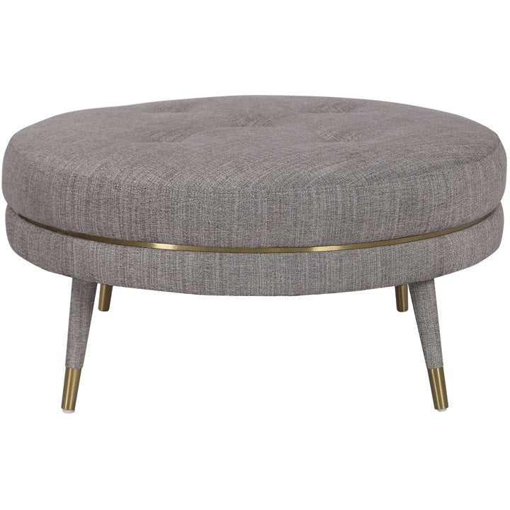 Uttermost Blake Plush Button Tufted Taupe-Brown Linen Modern Round Ottoman With Brushed Brass - Image 3