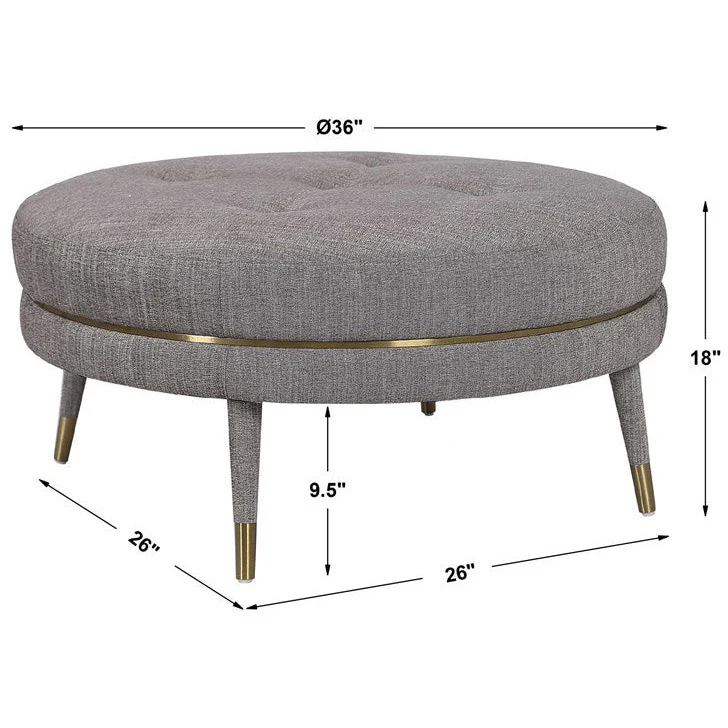 Uttermost Blake Plush Button Tufted Taupe-Brown Linen Modern Round Ottoman With Brushed Brass - Image 5