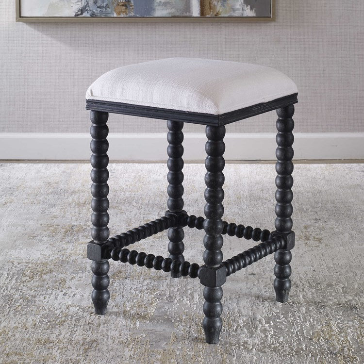 Uttermost Pryce White Performance Fabric Counter Stool With Black Wood Spindle Legs - Image 4