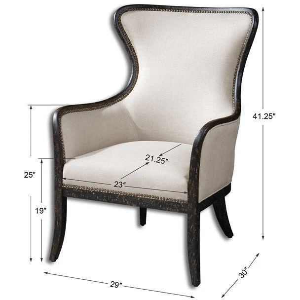 Uttermost Sandy Shimmery Sand Fabric Wing Back Armchair With Weathered Black Wood Frame - Image 7