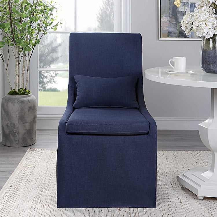 Uttermost Coley Denim Blue Linen Performance Fabric Slipcovered Armless Chair With Pillow - Image 3