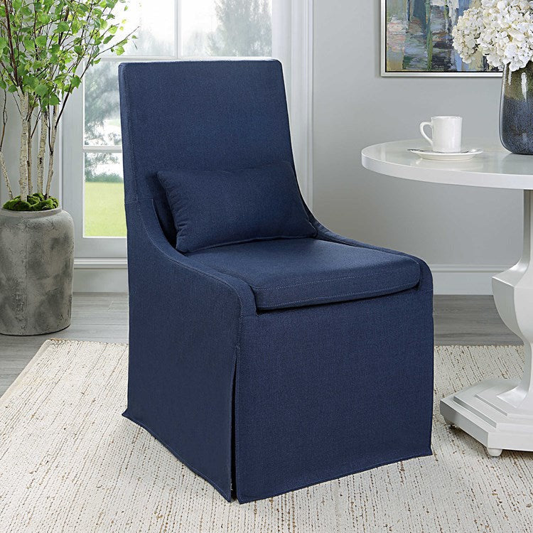 Uttermost Coley Denim Blue Linen Performance Fabric Slipcovered Armless Chair With Pillow - Image 4