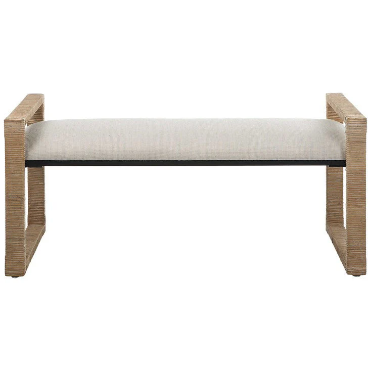 Uttermost Areca Textured Oatmeal Performance Fabric Upholstered Seat Natural Rattan Bench - Image 3