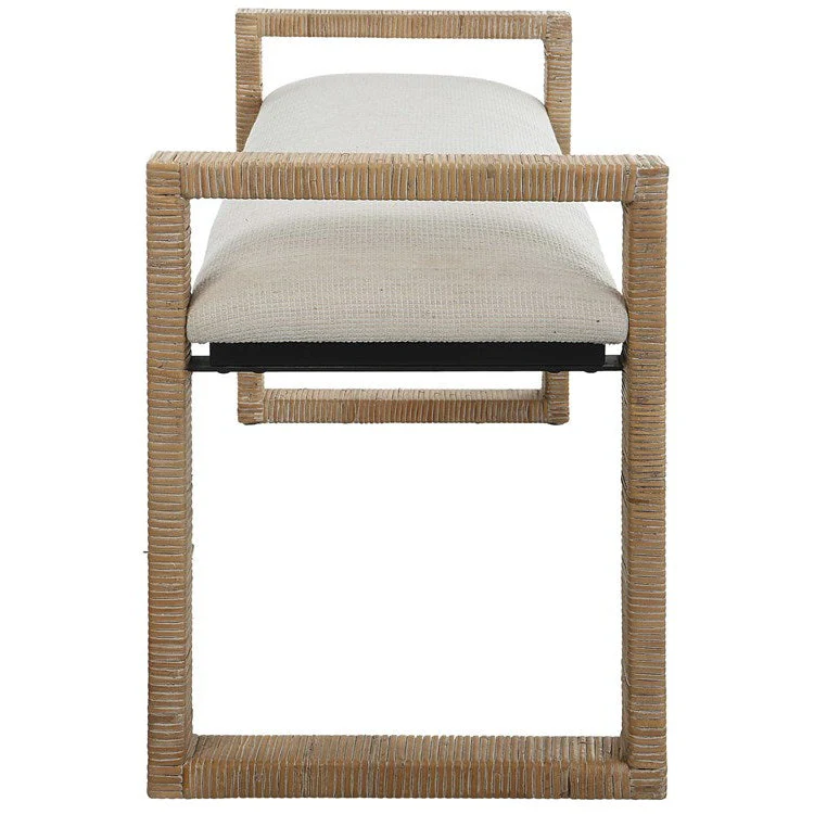 Uttermost Areca Textured Oatmeal Performance Fabric Upholstered Seat Natural Rattan Bench - Image 5