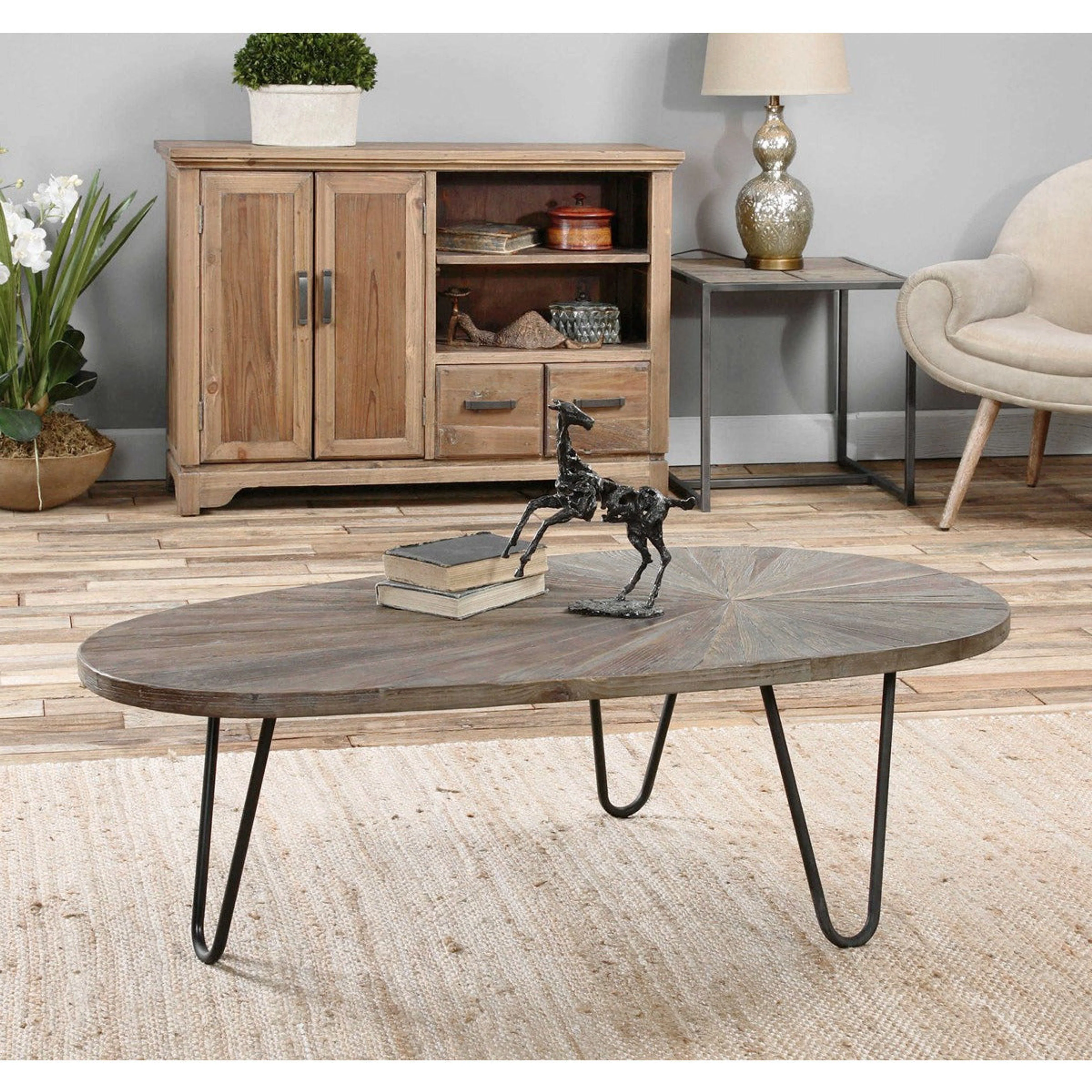 Uttermost Leveni Reclaimed Weathered Gray Wash Wood and Black Iron Rustic Modern Coffee Table - Image 3