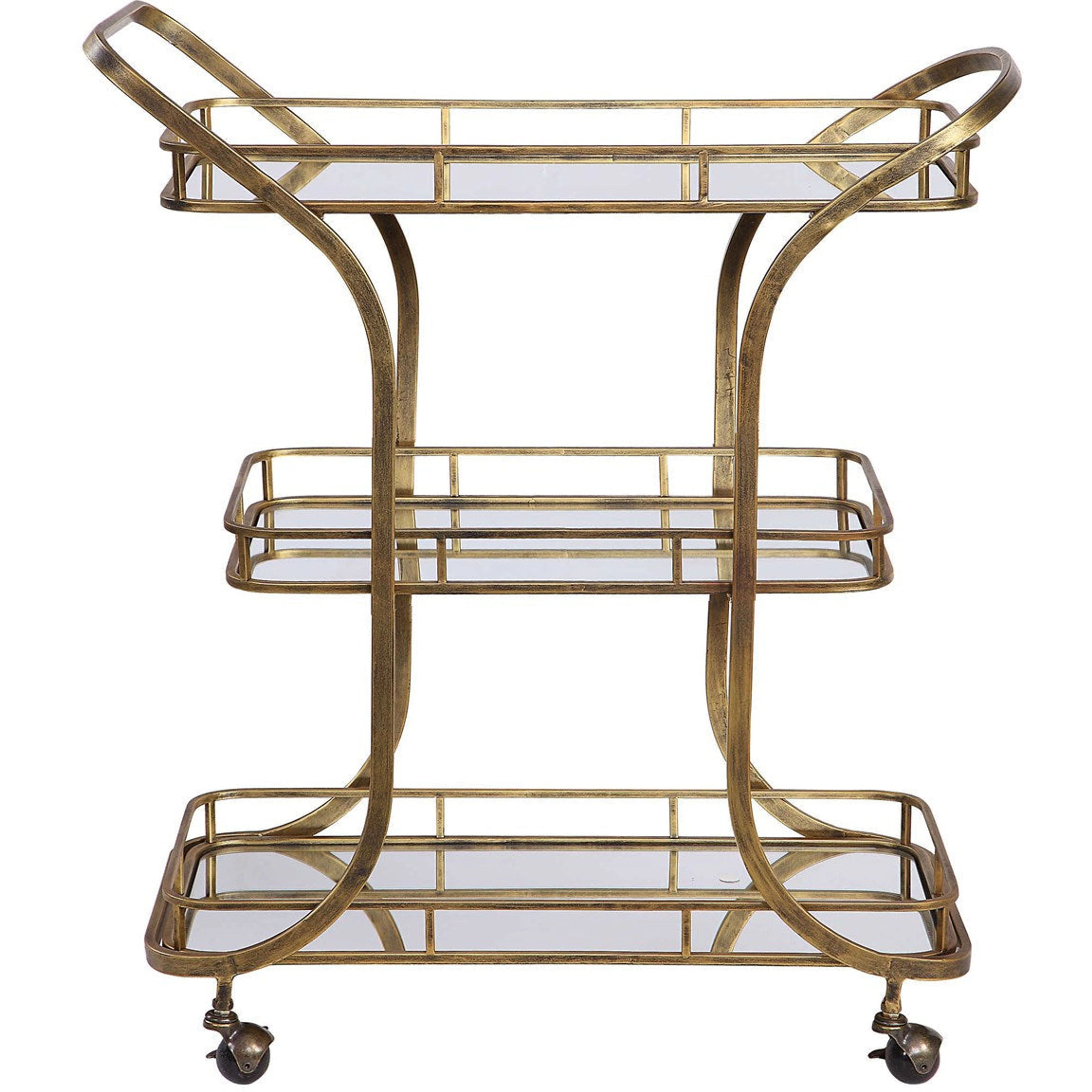 Uttermost Stassi Antiqued Gold Iron With Mirrored Shelves Bar Serving Cart - Image 3