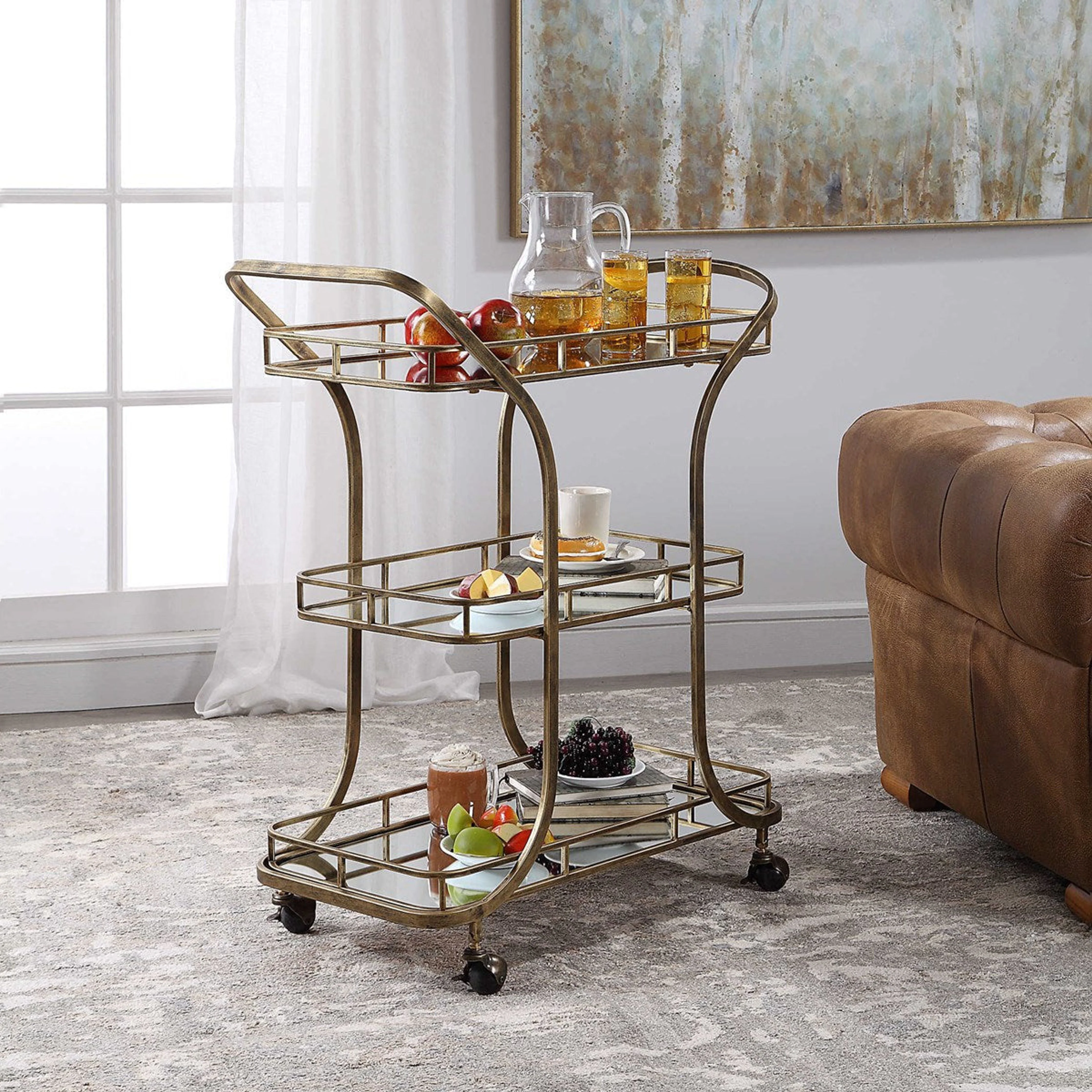 Uttermost Stassi Antiqued Gold Iron With Mirrored Shelves Bar Serving Cart - Image 4
