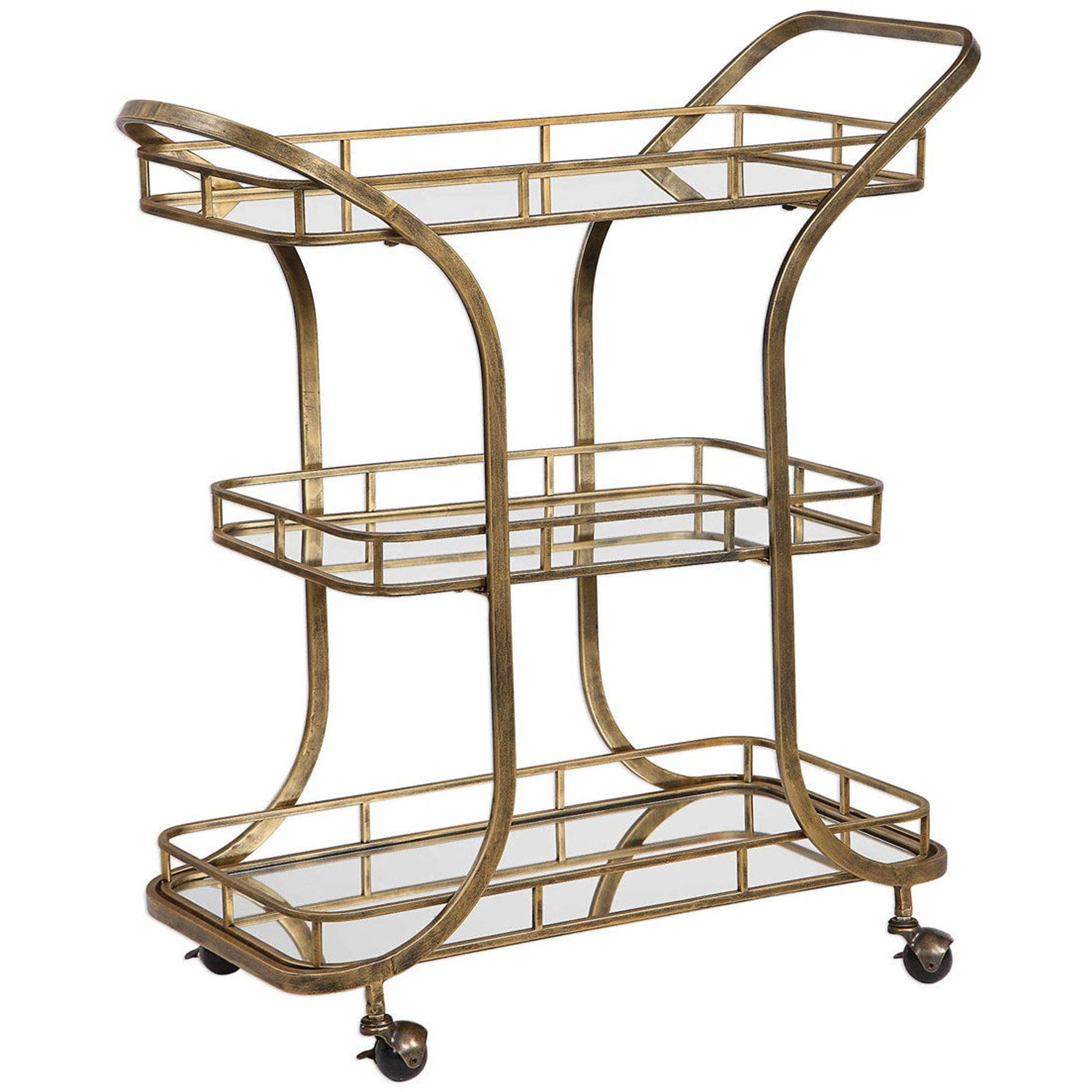 Uttermost Stassi Antiqued Gold Iron With Mirrored Shelves Bar Serving Cart - Image 5