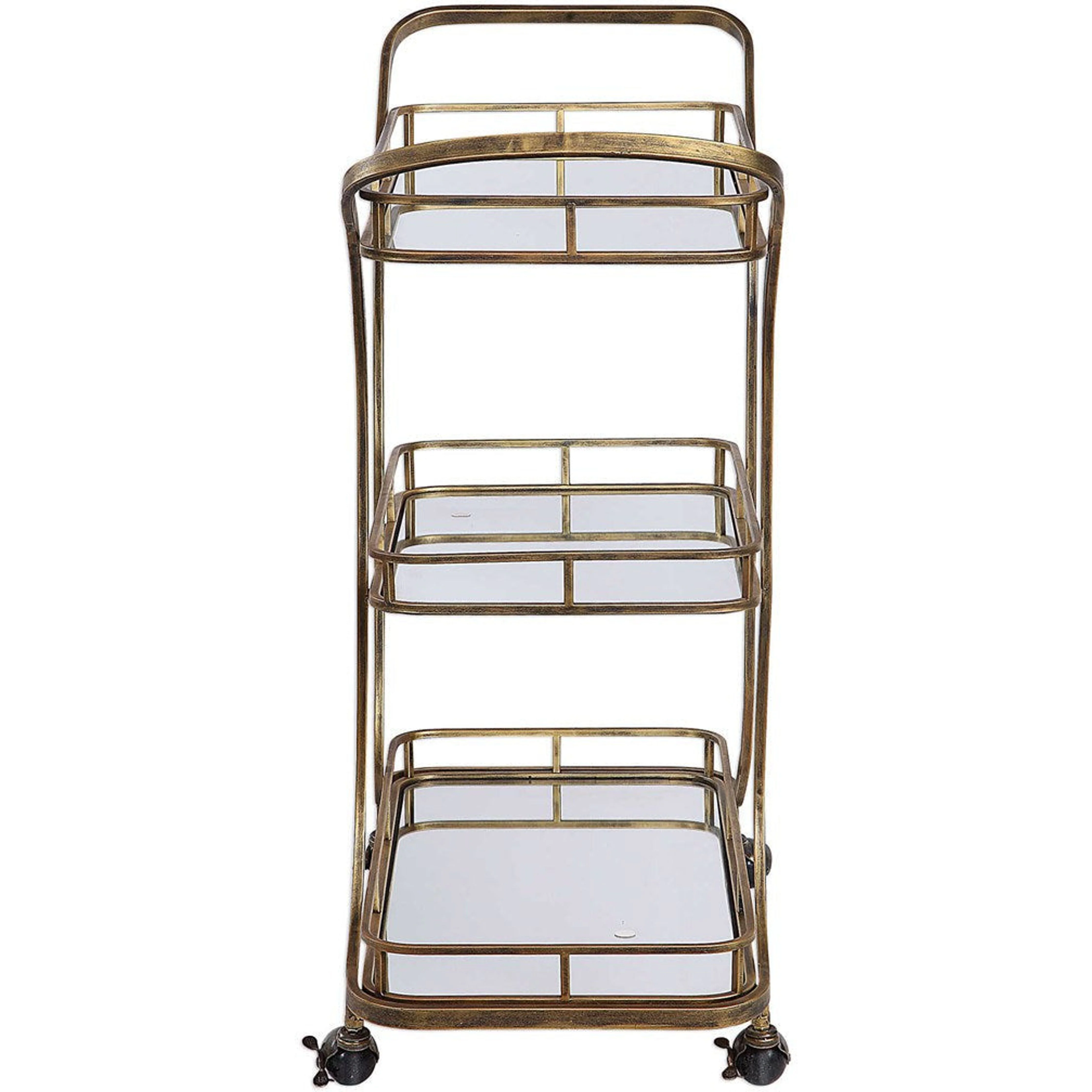 Uttermost Stassi Antiqued Gold Iron With Mirrored Shelves Bar Serving Cart - Image 6