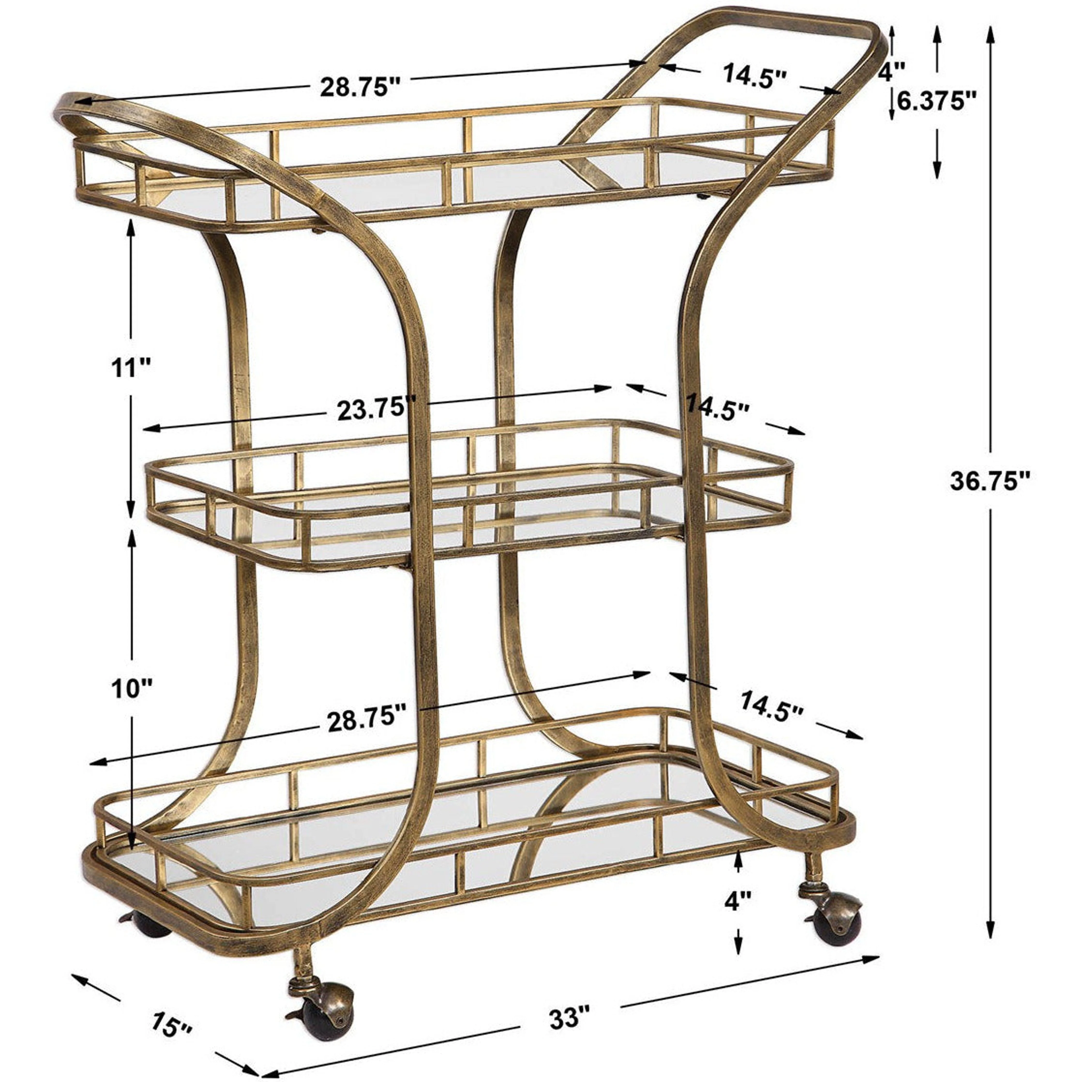 Uttermost Stassi Antiqued Gold Iron With Mirrored Shelves Bar Serving Cart - Image 9