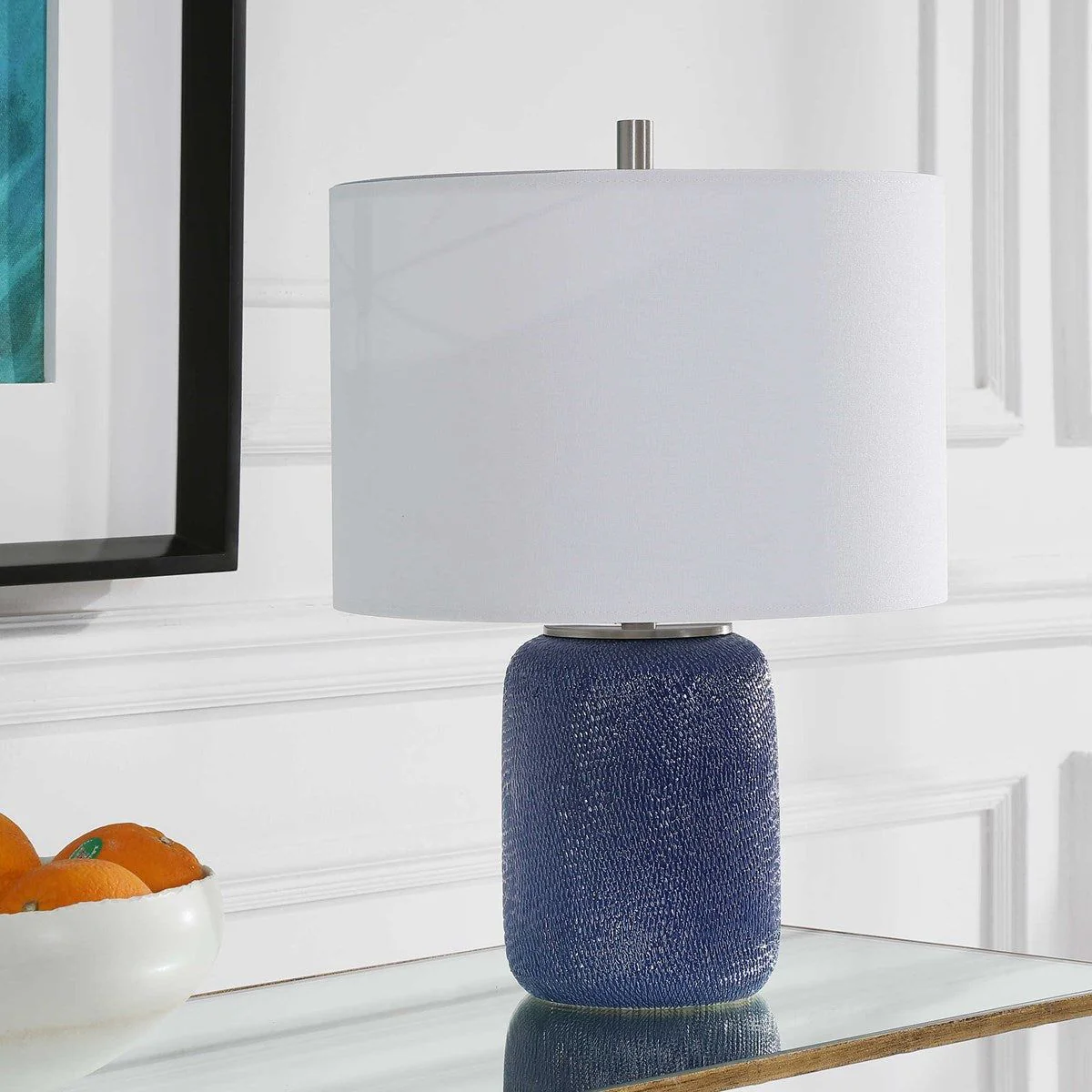 Casa Bella Living Off White Linen Drum Shade with Cobalt Blue Textured Ceramic Base Table Lamp - Image 3