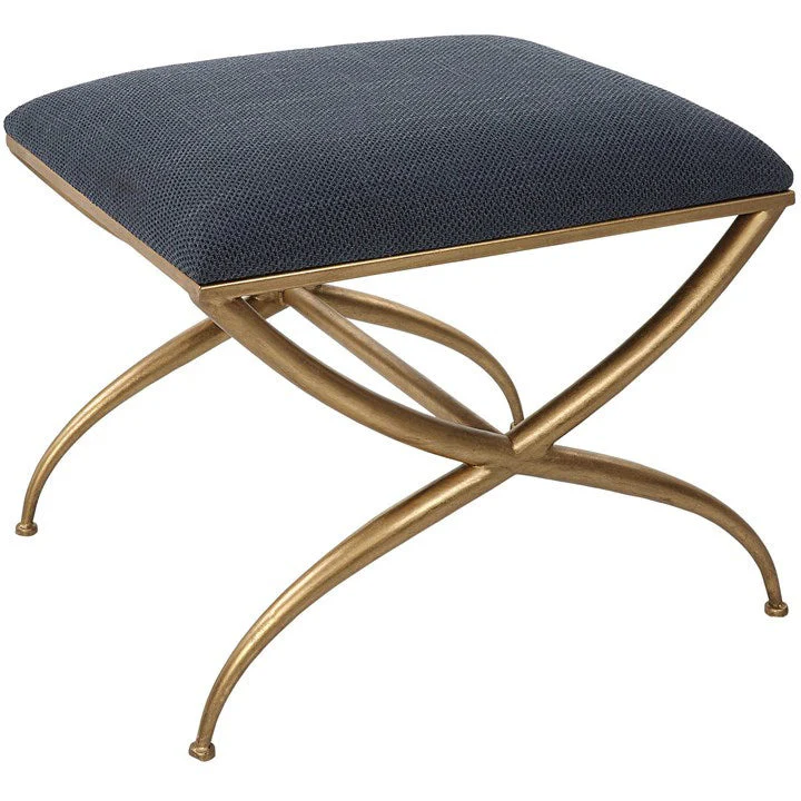 Uttermost Crossing Navy Blue Fabric Cushion Seat Gold Iron Small Bench - Image 3