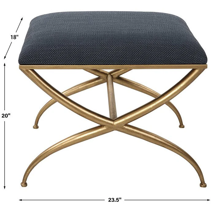 Uttermost Crossing Navy Blue Fabric Cushion Seat Gold Iron Small Bench - Image 6