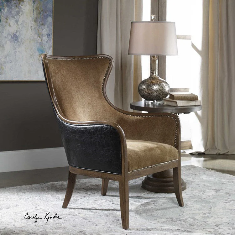 Uttermost Snowden Caramel Velvet Wing Back Armchair With Deep Chocolate Faux Leather Back - Image 4