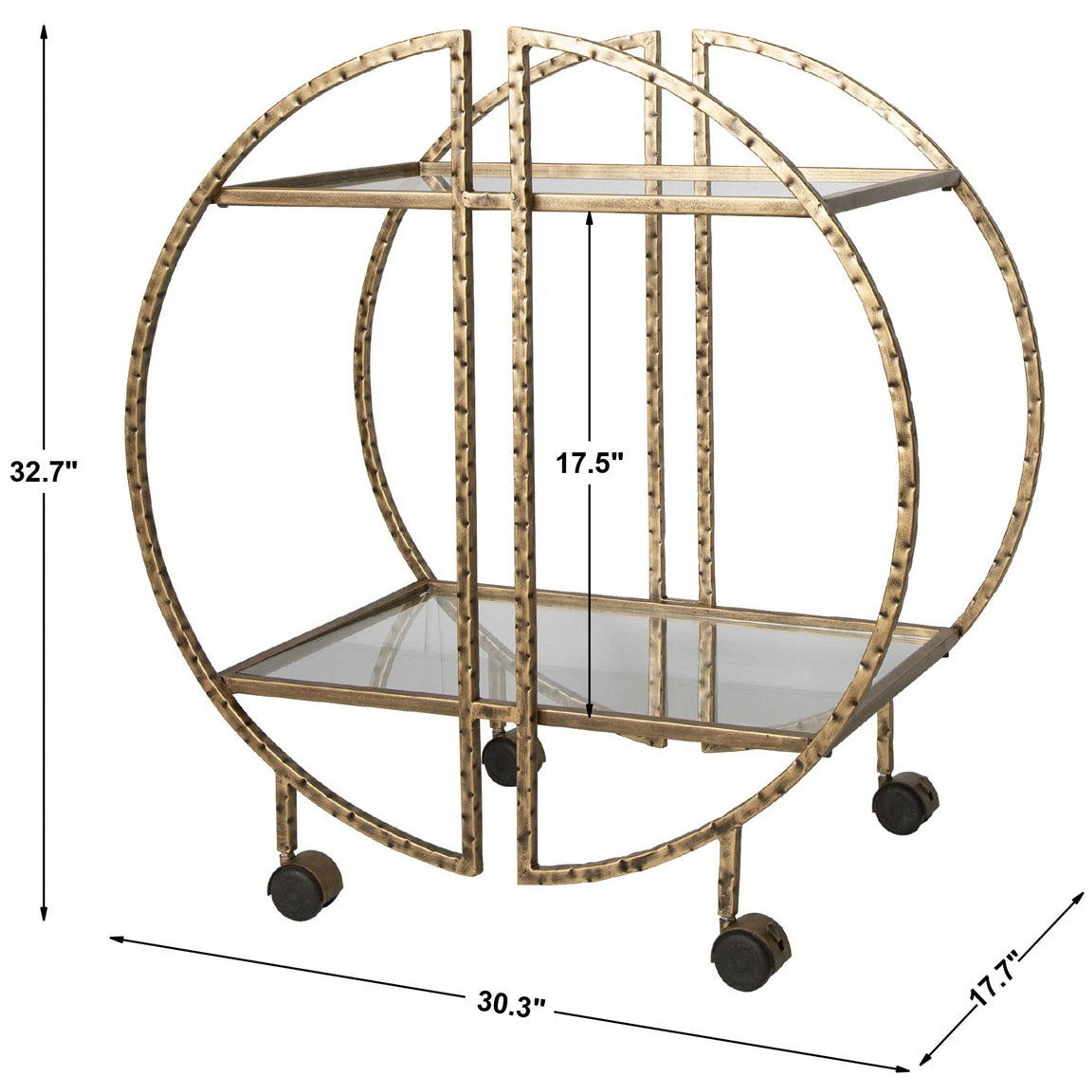 Uttermost Zelina Hammered Antiqued Gold With Glass Shelves Bar Cart - Image 6